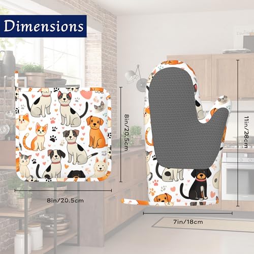 Cute Cats Dogs Potholders & Oven Mitts Sets Animal Paws Print Silicone Heat Resistant Oven Mits and Hot Pads Non-Slip Pot Holders Gloves for Kitchen Chef Cooking Baking Grilling BBQ - color: Cute Cats Dogs,animal Paws Print