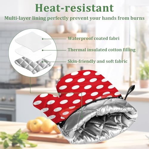 Red Black Polka Dot Bow Oven Mitts and Pot Holders Sets 4 Pcs Silicone Kitchen Gloves Heat Resistant Potholders for Baking Grilling BBQ - color: Polka Bow