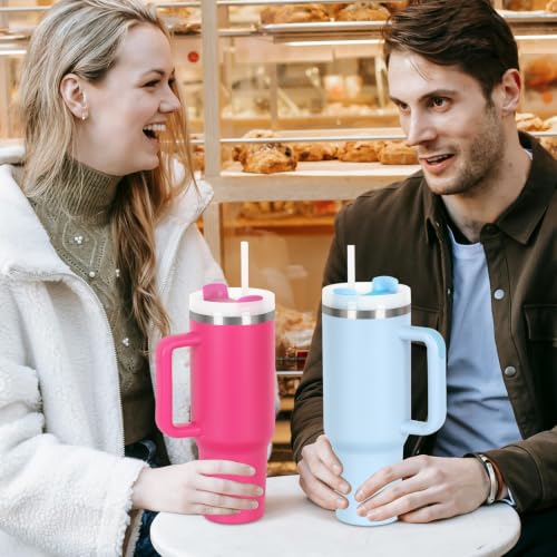 4 Pack 40 Oz Tumblers with Handle Bulk, Double Wall Vacuum Insulated Stainless Steel Tumblers with Lid and Straw, 40 oz Cups with Silicone Spill Proof Stopper Set (Sky Blue) - color: Sky Blue