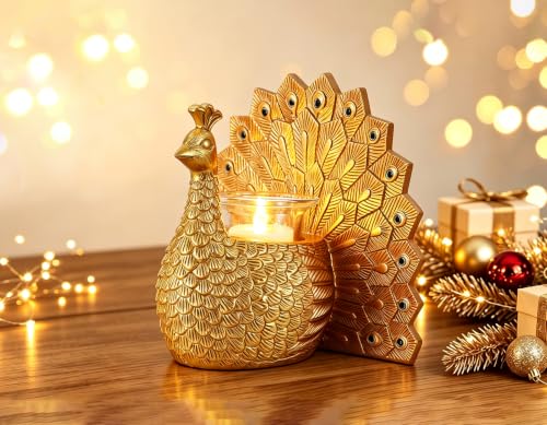 Peacock Tealight Candle Holder, Home Decor Gifts for Women Mom Grandma | with Flameless Candle, Decorative Votive Candle Holder for Table Decor, House Warming Gifts New Home, Christmas Birthday Gift