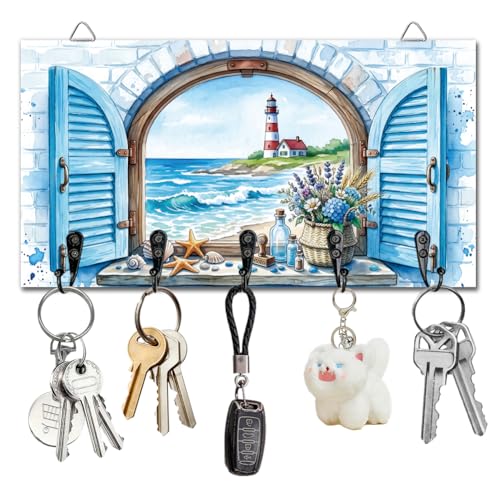 Beach Lighthouse Key Holder Key Hooks Organizer Hanger Rack Starfish Ocean Wall Mounted Wooden Key Rack with 5 Key Hooks for Home Entryway Front Door Kitchen Hallway Bedroom Wall Decor - color: Beach lighthouse