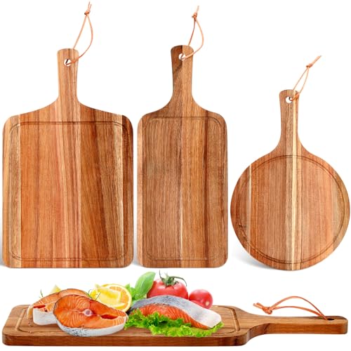 Kathfly 3 Pcs Mother's Day Acacia Wood Cutting Board Set with Handle Summer Wooden Charcuterie Cheese Board Hawaii Chopping Serving Tray Butter Pizza Serving Tray for Holiday Kitchen Gift, 3 Style