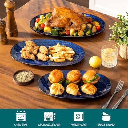 vancasso Ceramic Serving Platters Set of 3, Oval 16/14.7/13.5 Inch Stoneware Serving Dishes for Entertaining, Microwave Safe Serving Trays for Food, Turkey, Cheese, Party, Reactive Glaze Navy Blue - color: Navy Blue