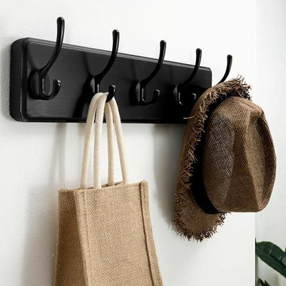 SKOLOO Rustic Wall Mounted Coat Rack, Pine Solid Wood Coat Hook Hanger - 5 Hooks for Hanging Clothes Robes Towels Coats - color: Black Plate & Black Hook, size: 1 Item-5 Hooks