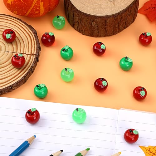 JUNEBRUSHS 50 Pcs Mini Resin Apples Red Green Tiny Apples Figurines | Artificial Fall School Crafts Ornaments for Vase Filler, Party Supplies, Home School Table Decor - style: Apple Style