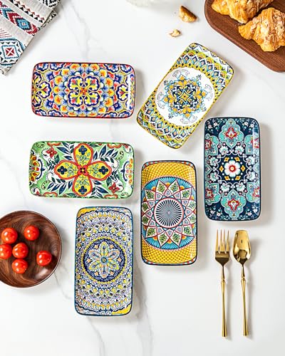 Boho Ceramic Rectangular Appetizer & Sushi Plates Set of 6, 8 Inch | Ideal for Desserts, Cake, Fruit, Snacks & Small Side Dishes, Microwave & Dishwasher Safe, Assorted Patterns - size: 8 Inch