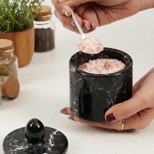 Marble Salt Cellar with Lid 4" Inch Black Handmade Salt Jar & Spice Storage Containers For Kitchen Countertop, Ideal Sugar Bowl & Salt dish For Table - color: Black