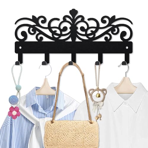 MAYJOYDIY Vintage Floral Metal Key Hook Scroll Floral Coat Rack Wall Mounted 9.8×4.5inch with 5 Hooks Black Wall Art Key Holder for Gift Coats Hats Towels Bags Kitchen Home Decor - style: Vintage Floral