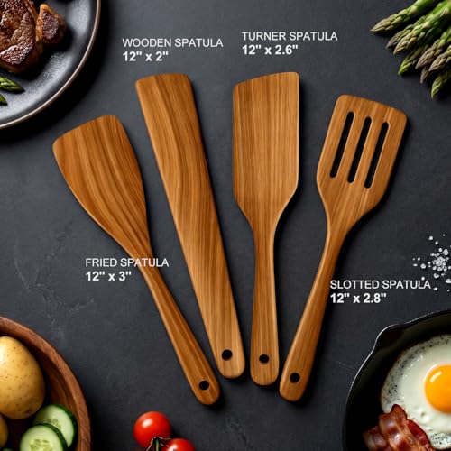 Non Toxic Wooden Cooking Utensils Set Flat Wood Spatula Spurtle Scraper | Acacia Spatula for Kitchen Use Slotted Turner Teak Utensil Cucharones De Cocina Wok Spatula Bamboo Non Stick Kitchen Utensils - color: 4 PCS SPATULA