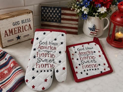 Patriotic Kitchen Pot Holder Oven Mitt Dish Towel Set, 5 Piece, Red White Blue God Bless Design, 100% Cotton - color: God Bless