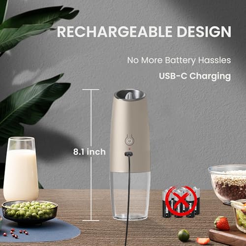 Rechargeable Gravity Salt Pepper Grinder Set, 2 Pack (Khaki) | Gravity Rechargeable Grinder With Led Light & Adjustable Coarseness, No Extra Batteries Needed For Kitchen Seasoning - color: Rechargeable/2pcs/Khaki