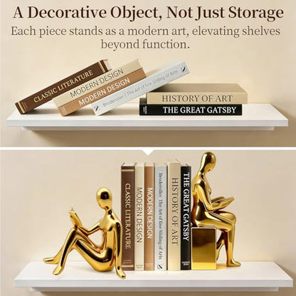 Decorative Bookends Set, Ceramic Book Ends for Shelves, Home Office Aesthetic Book Stopper, Reading Book Holder Statues for Bookshelf Bedroom Living Room Decor (Gold)
