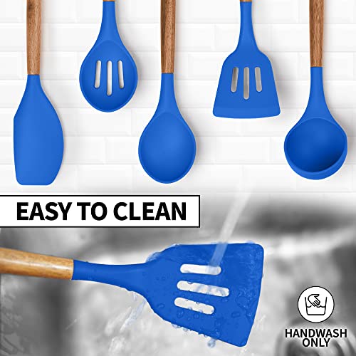 Zulay Kitchen 5 Piece Silicone Utensil Set | Non-Stick Silicone Cooking Utensils Set with Acacia Wood Handles - 464°F Heat Resistance Kitchen Utensils Set - Dark Blue - color: Royal Blue, size: 5-Piece Set