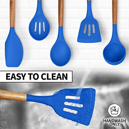Zulay Kitchen 5 Piece Silicone Utensil Set | Non-Stick Silicone Cooking Utensils Set with Acacia Wood Handles - 464°F Heat Resistance Kitchen Utensils Set - Dark Blue - color: Royal Blue, size: 5-Piece Set