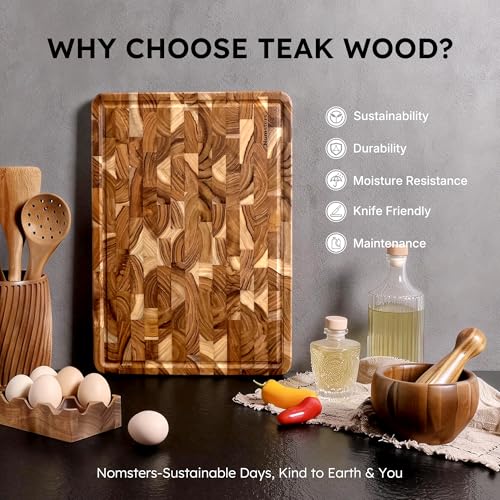 Teak Wood End Grain Cutting Board for Kitchen with Non-slip Feet, Heavy Duty Checkered Cutting Board Upgraded Chopping Board with Juice Groove & Handle Large Wooden Butcher Block with Gift Box - size: 17"L x 12"W