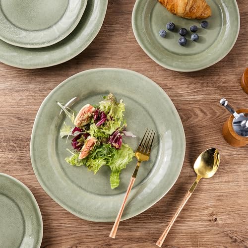 AmorArc Ceramic Dinnerware Sets for 4, Handmade Plates and Bowls Sets | Stoneware Reactive Glaze Dish Set, Scratch Resistant, Dishware Set for Kitchen Wedding, Dishwasher & Microwave Safe, 12 Pcs - color: Olive Green