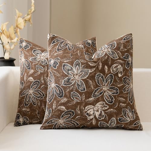 FIOUOVO Floral Throw Pillow Covers 20x20 Set of 2 Farmhouse Pillow Covers Vintage Neutral Accent Pillowcases Decorative Cushion Covers for Sofa Couch Living Room Bedroom Home Decor, Brown - color: Brown, size: 20" x 20" (Pack of 2)
