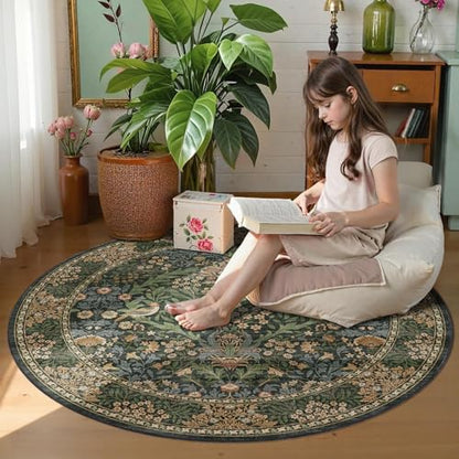 4ft Round Washable Area Rug Non-Slip Carpet for Bedroom Gold Green - color: Gold Green (Larger Pattern), size: 4' (Round)