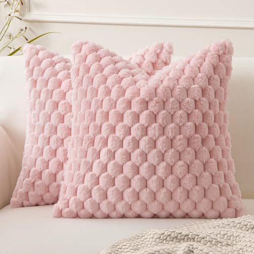 MIULEE Cute Pink Spring Faux Fur Decorative Throw Pillow Covers 20x20 Inch Set of 2 Super Soft Cozy Plush Cushion Cases Luxury Fluffy Pillowcases for Sofa Couch Bed Living Room Valentine Decor - color: Pink, size: 20" x 20" (Pack of 2)