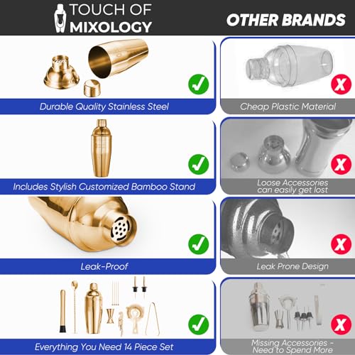 14PC Bartender Kit - Gold Cocktail Shaker Set - All Barware Essentials for Drink Mixing Includes Stand, Martini Shaker, Jigger, Strainer, Mixer Spoon, Muddler, Liquor Pourers, Touch of Mixology - color: Gold