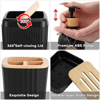 32PCS Bathroom Set Bathroom Accessories with Shower Curtain and Bath Towel,Trash Can,Bathroom Decor,Black Shower Curtain Set,Toilet Brush,Trash Can & 3PCS Soap Dispenser - size: Bath Set+Shower Curtain+Towel Set, style: Black