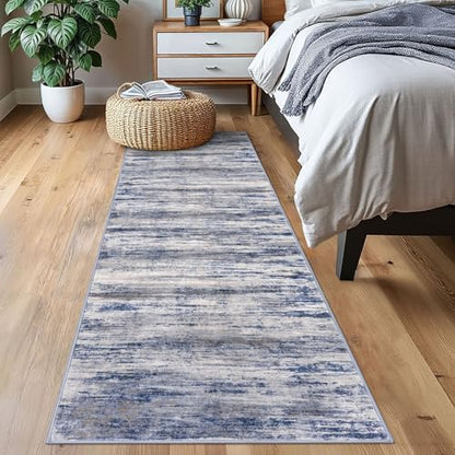 KOZYFLY Modern Washable Rug Runner 2x7 Kitchen Runner Rugs Grey-Blue | Non-Slip, Non-Shedding, Low Pile Soft, Abstract Striped, For Hall Kitchen Entryway Bathroom Laundry Bedroom Foyer - color: Blue-grey, size: 2' x 7' (Runner)