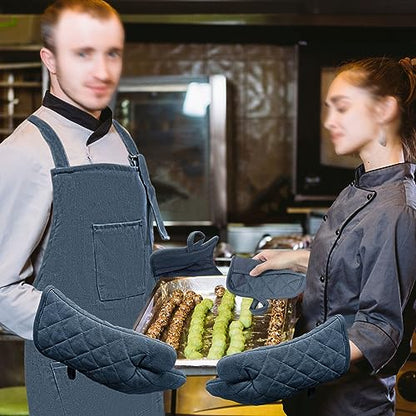 Oven Mitts and Pot Holders with Cooking Apron Set of 5, Heat Resistant Kitchen Gloves and Silicone Non-Slip Potholders, Adjustable Neck Buckle Chef Apron, Cotton Nice Design for Cooking （Navy… - color: Navy