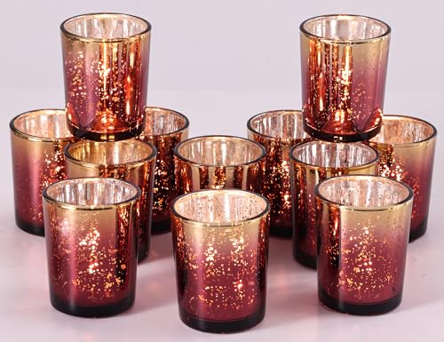 Volens Burgundy and Gold Party Decorations 12pcs Glass Votive Candle Holder | Speckles Mercury Glass Tealight Candle Holders Bulk for Tabletop, Wedding Centerpiece, Burgundy and Gold Decor - color: Burgundy+gold, size: Cylinder--2.17"W x 2.67"H