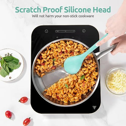 U-Taste 600ºF Silicone Spoon Set 13.3in Solid Slotted 2PCS & Spatula Set Heat Resistant & 600ºF Tongs Set 9 12inch Nonstick Stainless Handle(Aqua Sky)