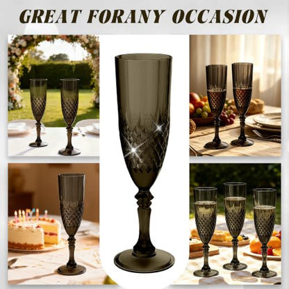 12 Pack Plastic Champagne Flutes, Black Reusable Champagne Glass | Unbreakable Hard Plastic Mimosa Cups Bulk with Stem, Fancy Stemware for Wedding, Party & NYE Celebration - color: Black