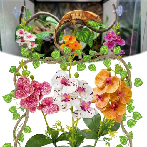 5 Pcs Reptile Plants & Habitat Decor Kit - 3 Artificial Phalaenopsis Orchid & Large 5ft Jungle Vine Branch, Terrarium Tank Decor & Climbing Accessories for Crested Gecko, Bearded Dragon - color: Phalaenopsis Orchid