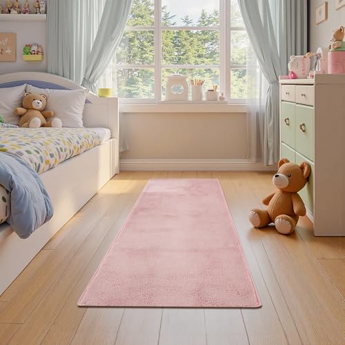 jinchan 2x5 Solid Plush Runner Rug Shaggy Washable Hallway Rug, Pink | Soft, Cozy, Non-Slip, Modern, Faux Wool, Performance Rug, Floor Carpet, Entryway, Bathroom, Kitchen, Laundry Room, Bedroom - color: Solid Pink, size: 2' x 5' (Rectangular)