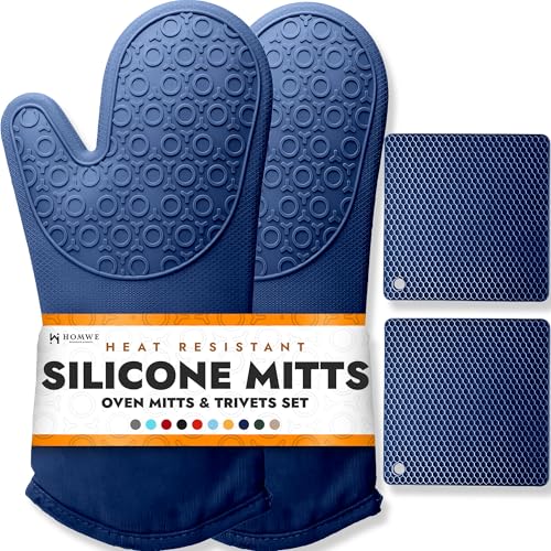 BPA-Free Soft Silicone 4 Piece Oven Mitts & Trivets Set - Ultra Heat Resistant Oven Mitts with Thick Cotton Liner - Long Slip Resistant Pot Holders, Flexible Oven Gloves - Royal Blue - color: Blue, size: 4-Piece Oven Mitts & Trivets Set
