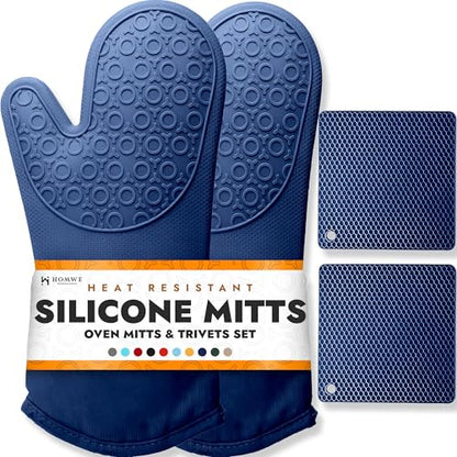 BPA-Free Soft Silicone 4 Piece Oven Mitts & Trivets Set - Ultra Heat Resistant Oven Mitts with Thick Cotton Liner - Long Slip Resistant Pot Holders, Flexible Oven Gloves - Royal Blue - color: Blue, size: 4-Piece Oven Mitts & Trivets Set