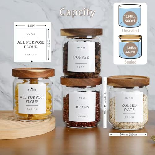 16 OZ Stackable Glass Food Storage Jars with 132 Pantry Labels Preprinted - 6 Pcs Thicken Glass Storage Containers with Airtight Acacia Lid - Clear Kitchen Canister for Spice, Tea, Coffee, Sugar - color: White