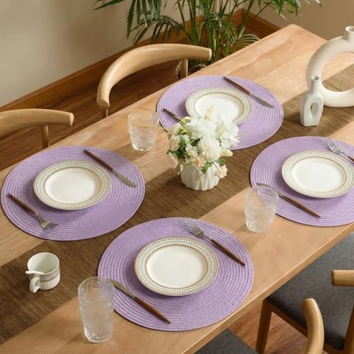 FunWheat Round Braided Placemats Set of 8 Place mats for Dining Tables Woven Heat Resistant Table Mats 15 inch (Light Purple,8pcs) - color: Light Purple, size: 8pcs