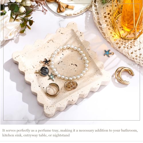 5.5 Inch Small Travertine Stone Tray Marble Jewelry Dish Trinket Tray for Women, Perfume, Coffee Table(Square,Scallop) - style: Square，Scallop