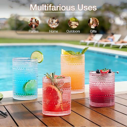 Drinking Water Glass Cups Set,Crystal Hobnail Glass set of 8,15oz&12oz | Unique Design Vintage Tall Glass Cups Sets for Whiskey,Cocktail,mocktails - style: Drinking set of 8 15oz 12oz