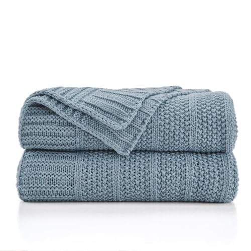 Douceur Dusty Blue Stripe Knit Throw Blanket 50"x60" | Blanket for Couch, Soft Cozy Lightweight Knitted Throw for Sofa, Living Room Gift - color: Stripe-dusty Blue, size: 50"X60"