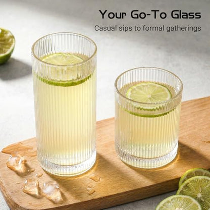 JOVGANK Drinking Glasses Set of 8 – Lead-Free Crystal Glassware, 4 Tall 15oz & 4 Short 10oz Vintage Ribbed Tumbler Glasses, Dishwasher Safe, for Juice Beer Cocktails, Great Housewarming Gift, Set A - style: H