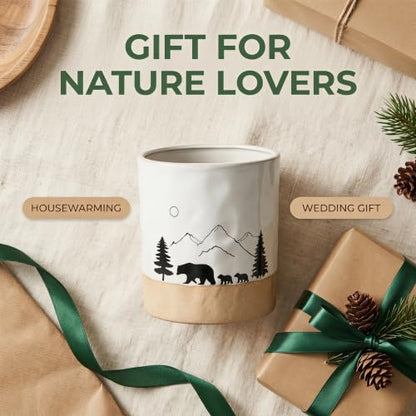 Ceramic Utensil Holder Nature Bear Design for Countertop utensil Crock | Ceramic utensil holder with a mountain and bear design keeps cooking tools organized while enhancing rustic kitchen décor.