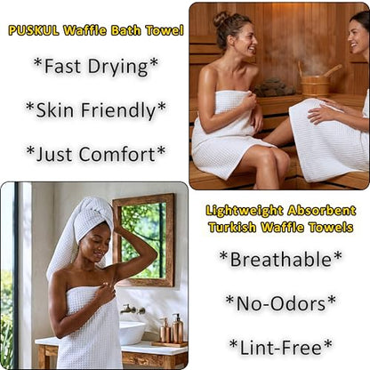 PÜSKÜL 2-Piece Natural 100% Turkish Cotton Waffle Bath Towels Extra-Large | White, 32x63" Bath Sheet Towel, Light Soft Absorbent Quick-Dry Lint-Free Premium Honeycomb Weave Oeko-Tex Made in Turkiye - color: White