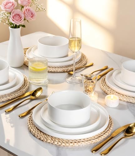 GBHOME Stoneware Dinnerware Sets for 4,12-Piece Matte Plates and Bowls Set | Lightweight Ceramic Dish Set,Oven & Microwave,Dishwasher Safe,Scratch Resistant-White - color: White