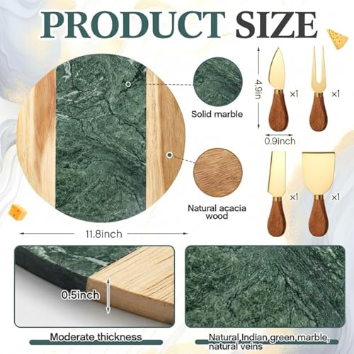 Green Marble Cutting Board Marble and Wood Charcuterie Board Gift Set House Warming Gifts New Home with Cheese Knives Acacia Cheese Platter with Handle for Valentine's Day Wedding Party Gift(Round) - style: Round