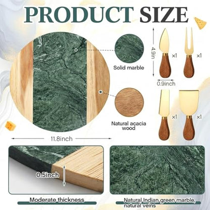 Green Marble Cutting Board Marble and Wood Charcuterie Board Gift Set House Warming Gifts New Home with Cheese Knives Acacia Cheese Platter with Handle for Valentine's Day Wedding Party Gift(Round) - style: Round