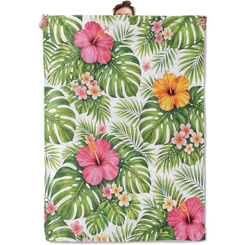 Tropical Botanical Throw Blanket, Vibrant Hibiscus Floral and Palm Leaf, Soft Flannel Fleece, 50x60 Inch, Couch Living Room Blankets for Women Nature Lovers, Cozy Summer Home Decor Gifts - color: Botanical, size: 60x50 INCH