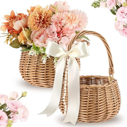 Weysat 2 Pcs Small Flower Girl Basket with Handle, Pearl and Bow, Wicker Rattan Flower Basket Set, Rustic, Cute, Hand Woven for Wedding Girl Home Decorations Picnic Garden Candy Sweets Gifts Storage - style: Pearl and Bow