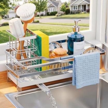 Sponge Holder for Kitchen Sink, Self-draining Sink Caddy with Towel Rack and Brush Holder, Metal Kitchen Countertop Organizers and Storage Essentials, Silver - color: Silver