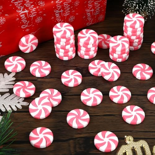 JUNEBRUSHS 50 Pcs Fake Peppermint Candy Christmas Decorations Pink and White Christmas Candy Peppermint Ornaments for Xmas Holiday Decor Party Favors Crafts - style: Peppermint Candy Style