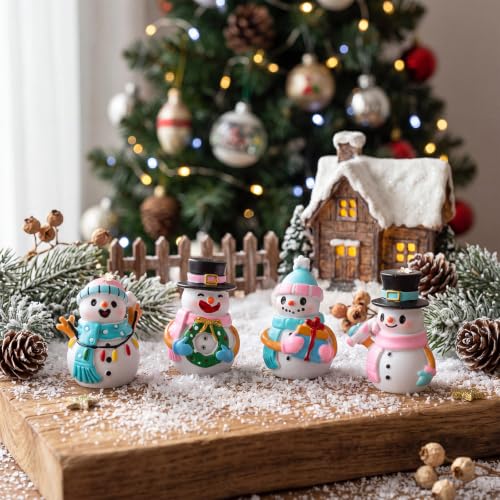 Honoson 12 Pcs Christmas Cute Snowman Figurines Winter Miniature Figurines Resin Micro Landscapes Winter Snowman Decoration for Christmas Birthday Home Decorations Gift - style: Pastel Snowman